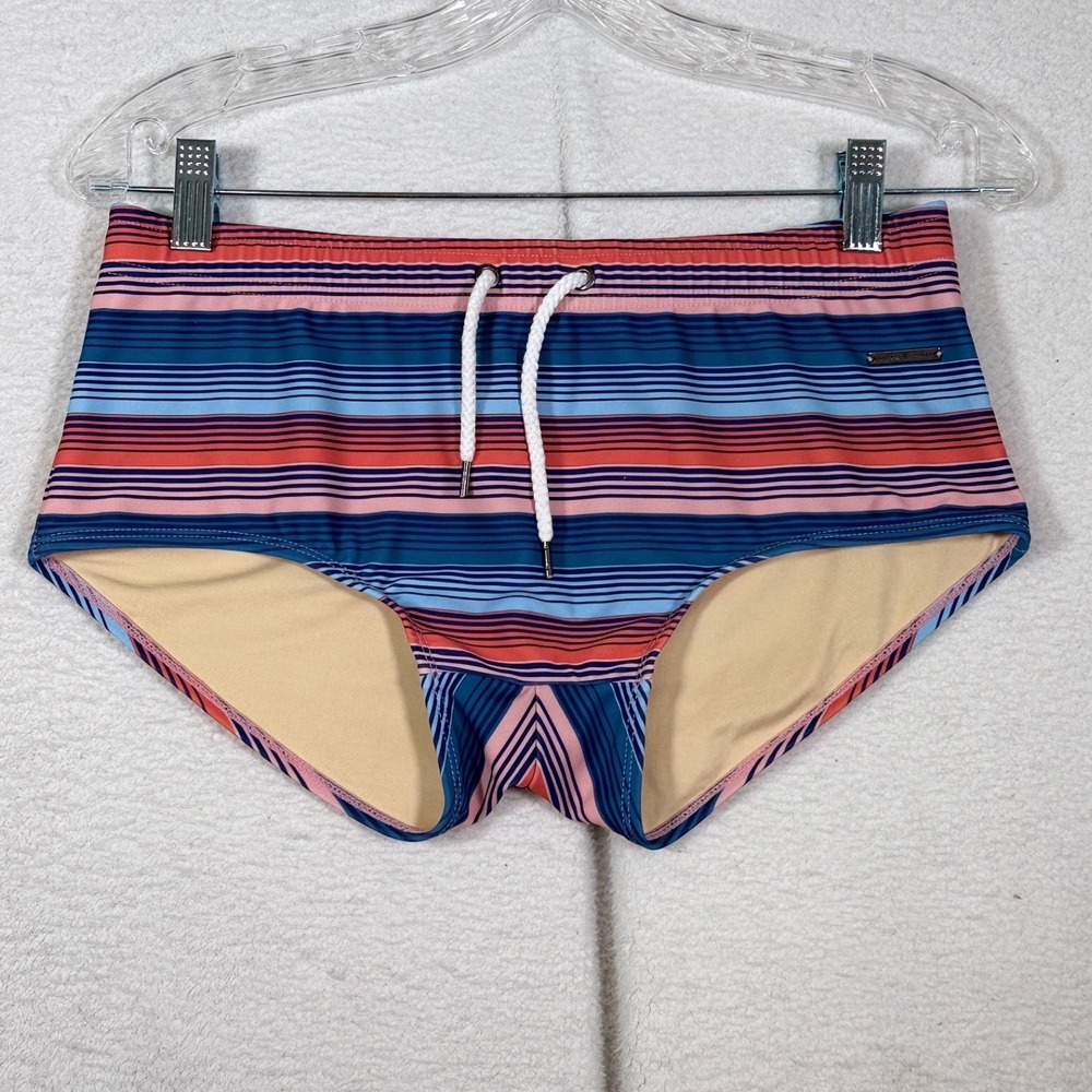 Parke & Ronen Mens Size Medium Swim Brief Orange Blue Striped Lined USA Bikini